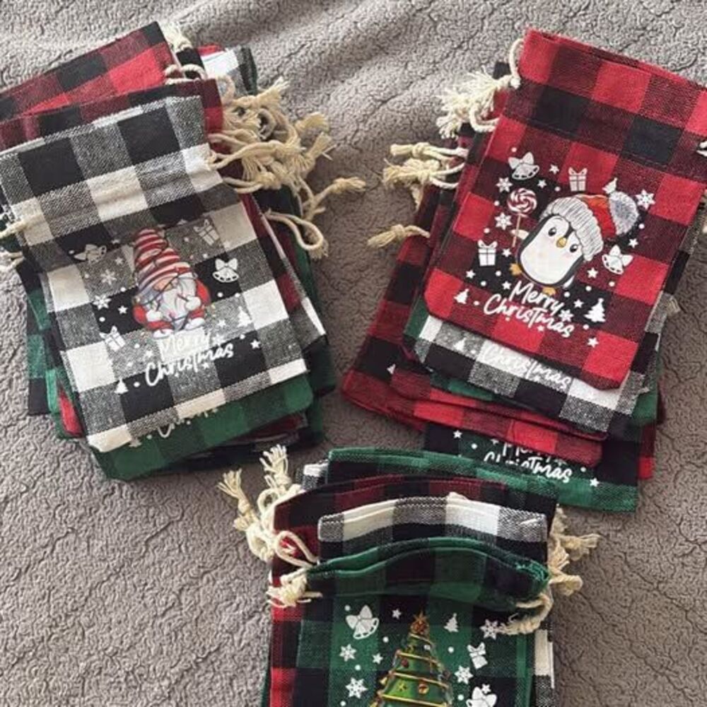 Lot of 49 Christmas Buffalo Plaid Drawstring Gift Bags